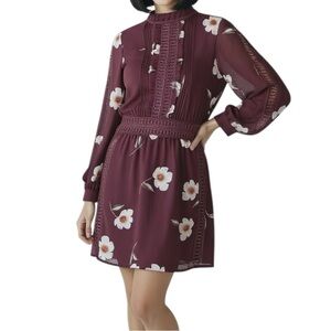 Burgundy Floral Lace Trim Long Sleeve Mock Neck Dress Women's Size M